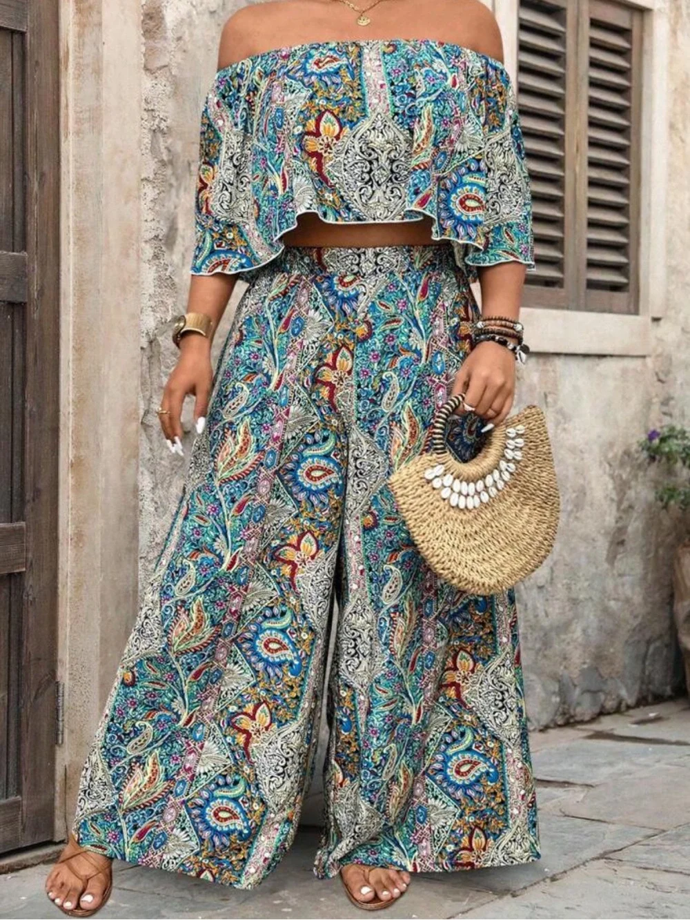 Plus Size Floral Off-Shoulder Crop Top and Wide Leg Pants Set - Blue Multi